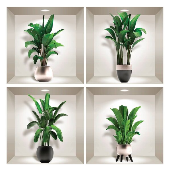 Set 4 autocolante 3D pentru perete Ambiance Exotic Palm Leaves
