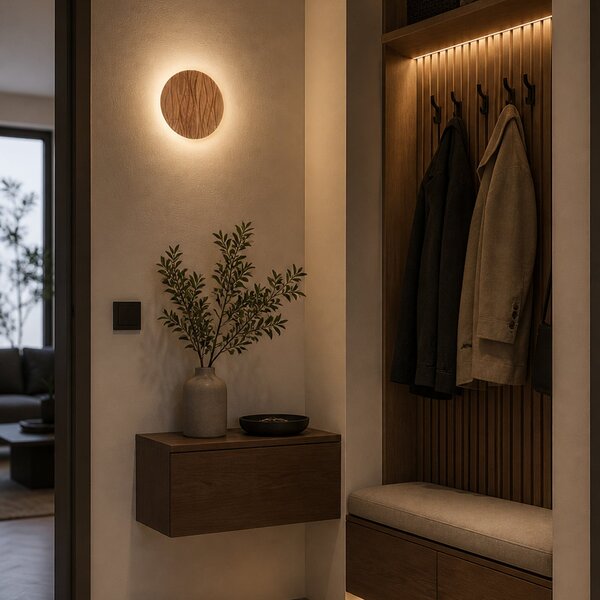 Elobra Aplică de perete LED Atacama, culoare stejar, Ø 19 cm, lemn, Lemn, Camera de zi / sufragerie, Lemn