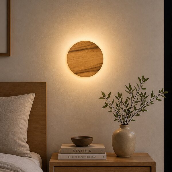 Elobra Aplică de perete LED Havana S, stejar natural/metal, Ø 19 cm, IP44, Lemn, Baie, Lemn