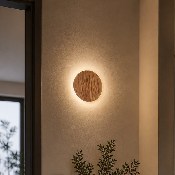 Elobra Aplică de perete LED Atacama, culoare stejar, Ø 19 cm, lemn, Lemn, Camera de zi / sufragerie, Lemn