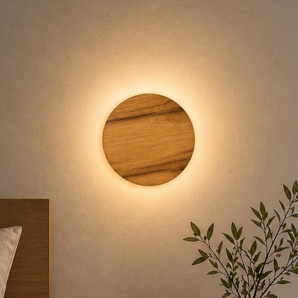Elobra Aplică de perete LED Havana S, stejar natural/metal, Ø 19 cm, IP44, Lemn, Baie, Lemn