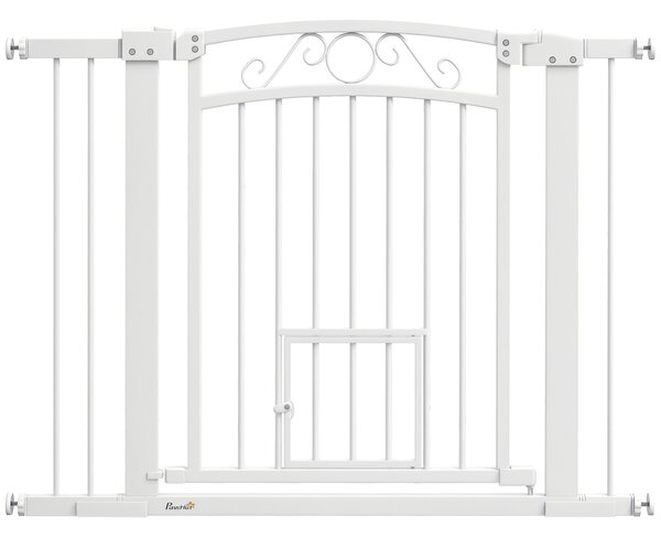 PawHut Ușă de Siguranță pentru Câini de Interior cu 2 Extensii și Ușiță pentru Pisici, 76-104x77 cm, Alb | Aosom Romania