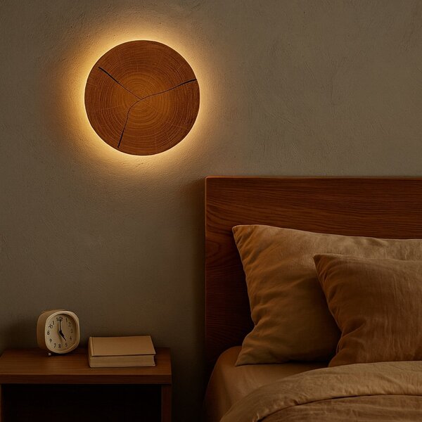 Elobra Aplică de perete LED Havana S, lemn frunte/metal, Ø 19 cm, Lemn, Baie, Lemn