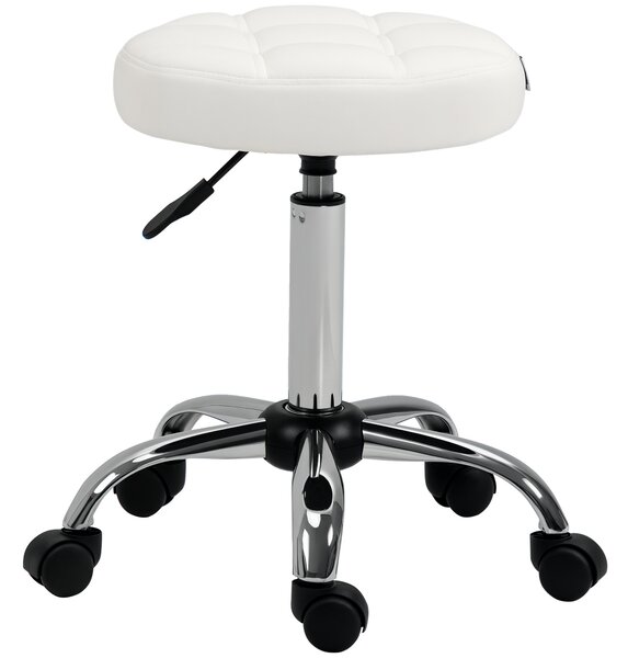 HOMCOM Scaun Rotativ cu Roti, Rotund, Scaun pentru Coafor și Estetician cu Înălțime Ajustabilă, Tapițat în Piele Ecologică, Ø35.5x51-67 cm, Alb