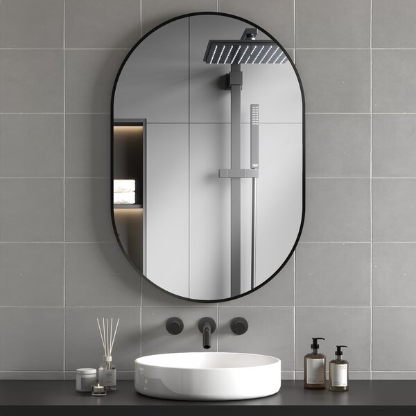 HOMCOM Oglindă pentru Baie cu Ramă din Aluminiu, 40x70 cm, Negru | Aosom Romania