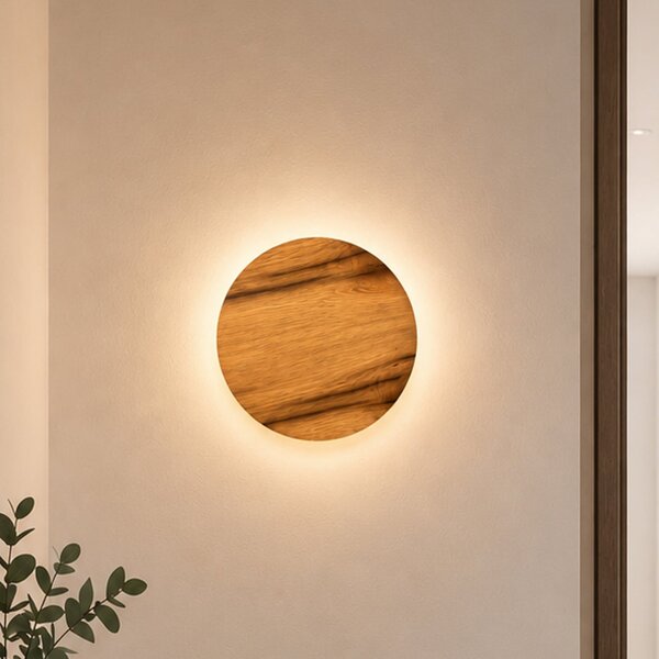 Elobra Aplică de perete LED Havana M, stejar noduros/metal, Ø 34 cm, IP44, Lemn, Baie, Lemn