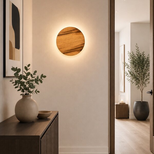 Elobra Aplică de perete LED Havana M, stejar noduros/metal, Ø 34 cm, IP44, Lemn, Baie, Lemn