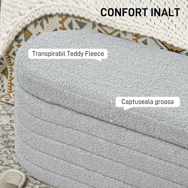 HOMCOM Banchetă Tapiţată cu Spaţiu de Depozitare și Picioare din Lemn de Eucalipt, 116x41x40.5 cm, Gri Deschis | Aosom Romania