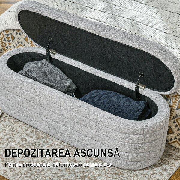 HOMCOM Banchetă Tapiţată cu Spaţiu de Depozitare și Picioare din Lemn de Eucalipt, 116x41x40.5 cm, Gri Deschis | Aosom Romania