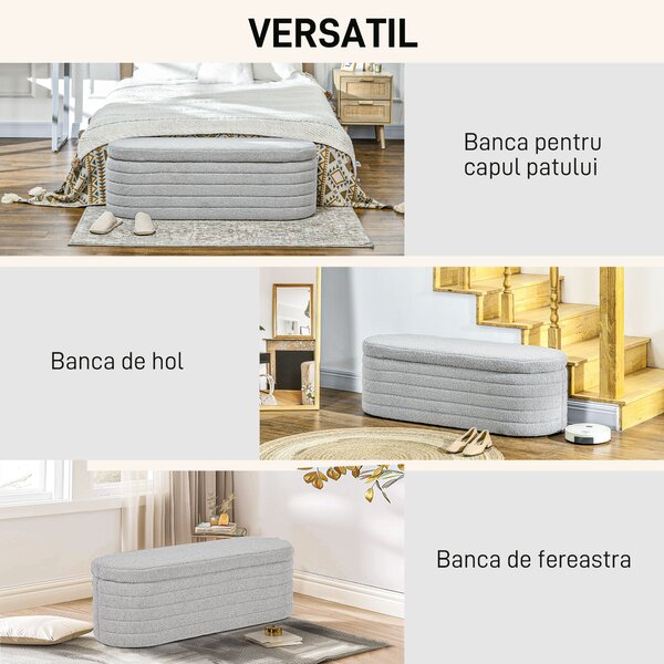 HOMCOM Banchetă Tapiţată cu Spaţiu de Depozitare și Picioare din Lemn de Eucalipt, 116x41x40.5 cm, Gri Deschis | Aosom Romania