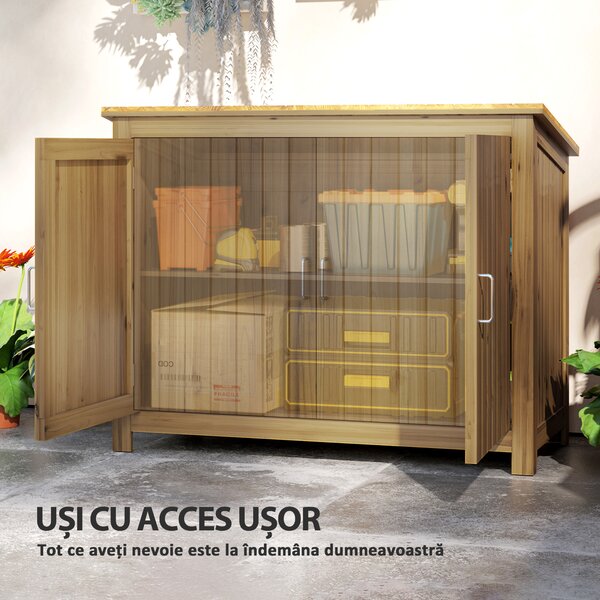 Outsunny Magazie pentru Unelte cu 2 Uși, 2 Rafturi și Acoperiș Înclinat, 110x50x85 cm, Maro | Aosom Romania