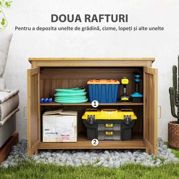 Outsunny Magazie pentru Unelte cu 2 Uși, 2 Rafturi și Acoperiș Înclinat, 110x50x85 cm, Maro | Aosom Romania