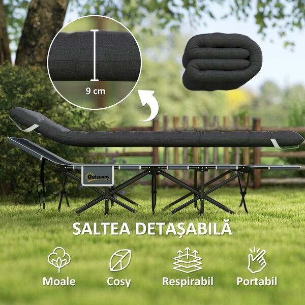 Outsunny Pat de Camping Pliabil cu Tetieră Înclinată și Saltea Detașabilă, 68x196x37 cm, Negru | Aosom Romania