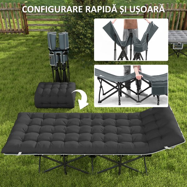 Outsunny Pat de Camping Pliabil cu Tetieră Înclinată și Saltea Detașabilă, 68x196x37 cm, Negru | Aosom Romania