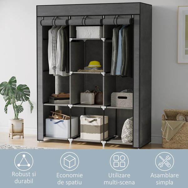 HOMCOM Dulap din Material Textil cu Bază Înălțată, 8 Rafturi și 2 Bare, 125x43x162.5 cm, Gri Închis | Aosom Romania