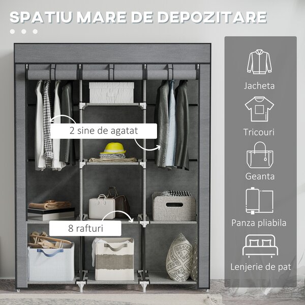 HOMCOM Dulap din Material Textil cu Bază Înălțată, 8 Rafturi și 2 Bare, 125x43x162.5 cm, Gri Închis | Aosom Romania