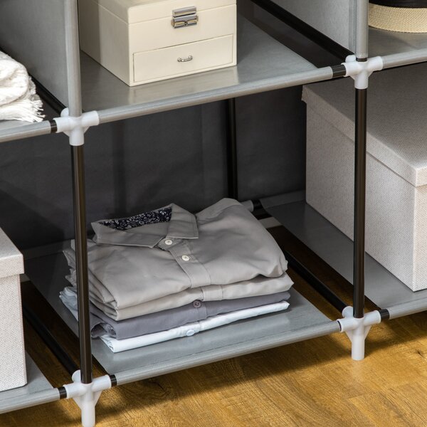 HOMCOM Dulap din Material Textil cu Bază Înălțată, 8 Rafturi și 2 Bare, 125x43x162.5 cm, Gri Închis | Aosom Romania