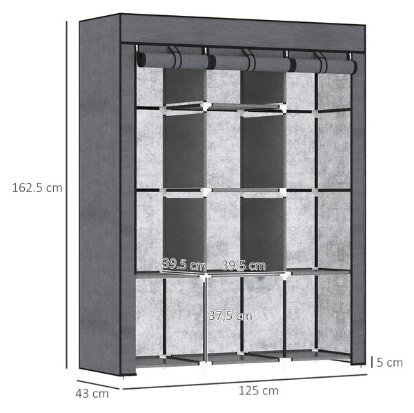 HOMCOM Dulap din Material Textil cu Bază Înălțată, 8 Rafturi și 2 Bare, 125x43x162.5 cm, Gri Închis | Aosom Romania