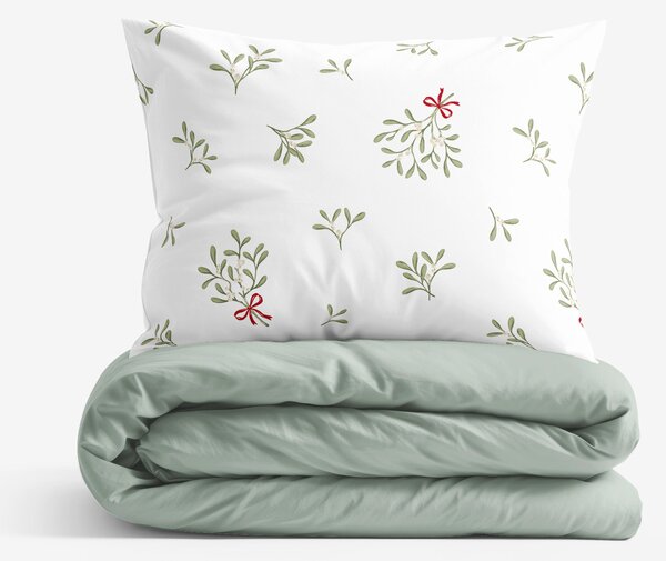 Goldea lenjerie de pat de crăciun 100% bumbac duo - vâsc de crăciun cu verde salvie 140 x 200 și 50 x 70 cm