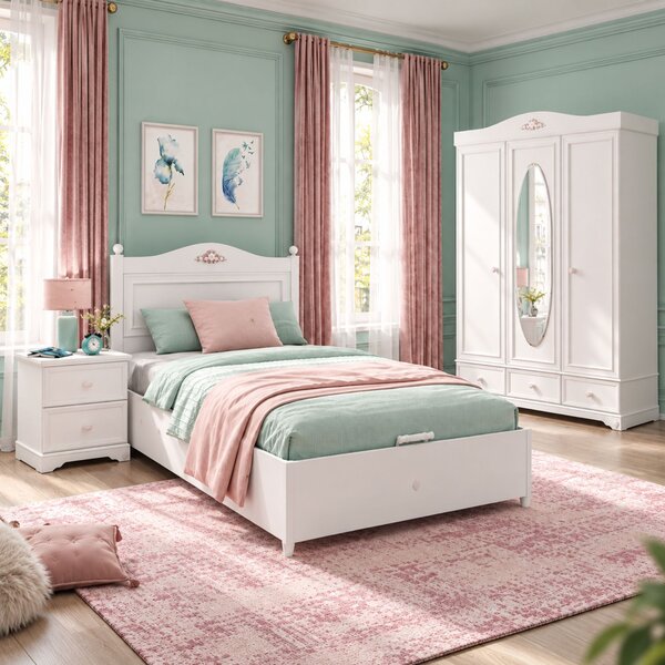 Set dormitor copii Rustic White , Pat cu lada, Dulap si Noptiera