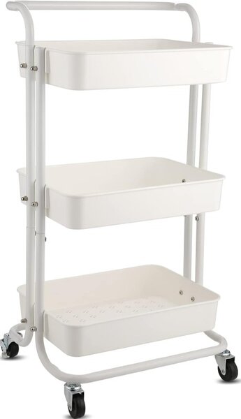 Raft universal de depozitare, 3 cosuri perforate, roti transport, ABS si metal, 45x35x84 cm, alb