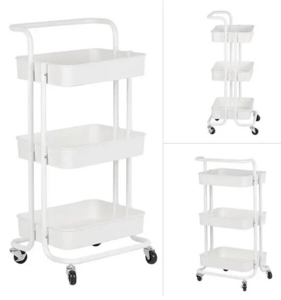 Raft universal de depozitare, 3 cosuri perforate, roti transport, ABS si metal, 45x35x84 cm, alb