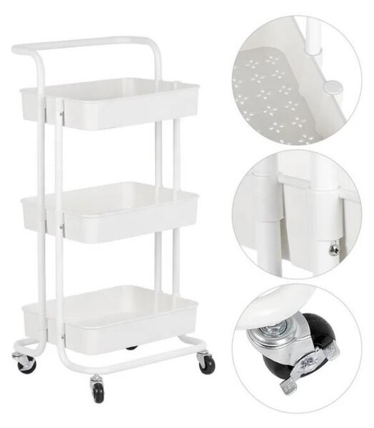 Raft universal de depozitare, 3 cosuri perforate, roti transport, ABS si metal, 45x35x84 cm, alb
