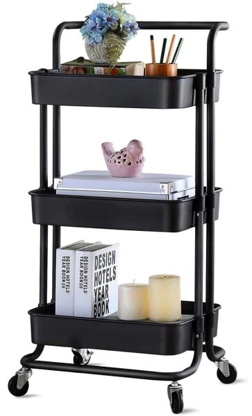Raft depozitare cu 3 cosuri, roti pivotante, structura metalica, ABS, 45x35x84 cm, negru