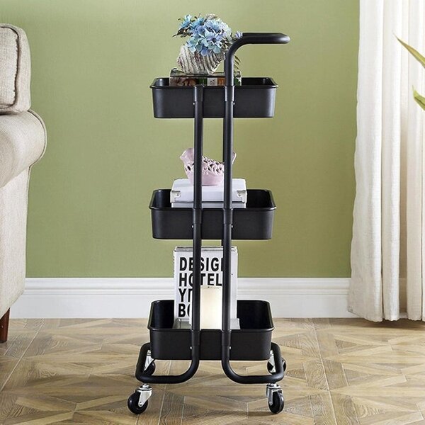 Raft depozitare cu 3 cosuri, roti pivotante, structura metalica, ABS, 45x35x84 cm, negru