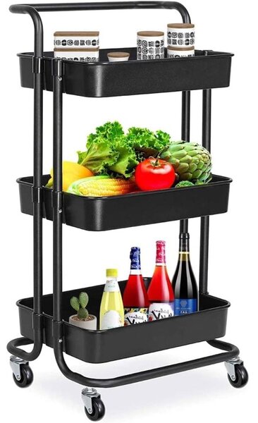 Raft depozitare cu 3 cosuri, roti pivotante, structura metalica, ABS, 45x35x84 cm, negru