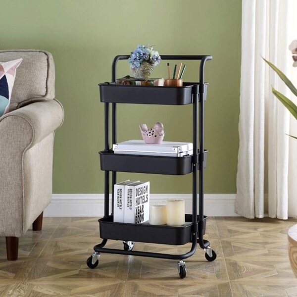 Raft depozitare cu 3 cosuri, roti pivotante, structura metalica, ABS, 45x35x84 cm, negru