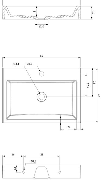 Omnires M+ lavoar 60x42 cm dreptunghiular de blat alb luciu THASOS600BP