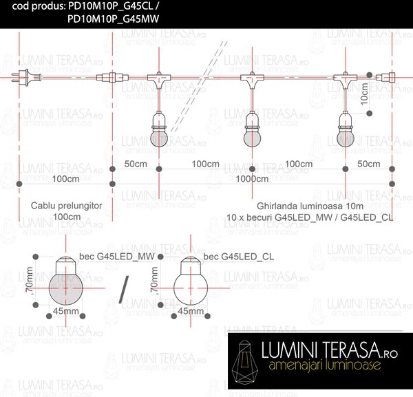 Ghirlanda luminoasa 10 m. cu 10 becuri G45 1W LED E27 interconectabila