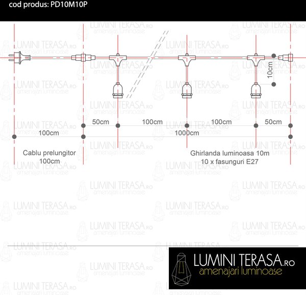 Cablu Ghirlanda luminoasa 10 m. cu 10 fasunguri E27 interconectabila