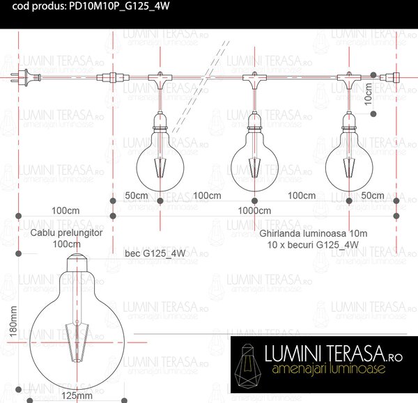 Ghirlanda luminoasa 10 m. cu 10 becuri mari G125 4W LED E27 interconectabila