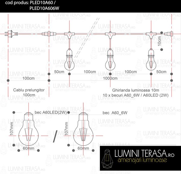 Ghirlanda luminoasa 10 m. cu 10 becuri A60 LED E27 interconectabila