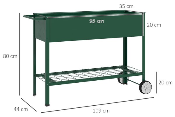 Outsunny Jardinieră Exterioară cu Raft Inferior pentru Unelte, Jardinieră Metalică cu 2 Roți și Mâner, 104x39x80 cm, Verde | Aosom Romania
