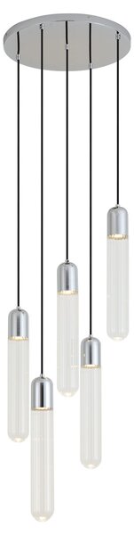 Design hanglamp chroom met ribbelglas 5-lichts - Walcott