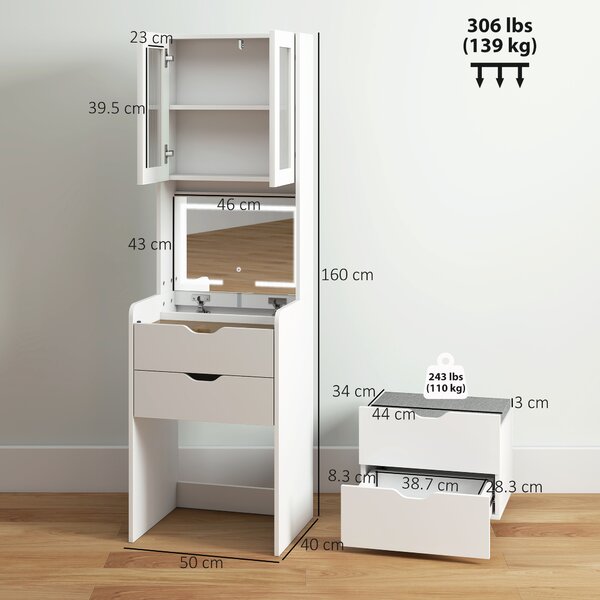 HOMCOM Stație de Machiaj cu Lumini LED în 3 Culori, Oglindă Rabatabilă, Scaun Ascuns, Măsuță de Machiaj cu Scaun Îmbunătățit, 3 Sertare, Compartiment, Dulap cu Uși din Sticlă, Modern, Alb | Aosom Romania