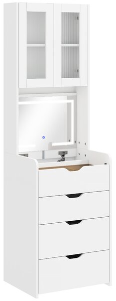 HOMCOM Stație de Machiaj cu Lumini LED în 3 Culori, Oglindă Rabatabilă, Scaun Ascuns, Măsuță de Machiaj cu Scaun Îmbunătățit, 3 Sertare, Compartiment, Dulap cu Uși din Sticlă, Modern, Alb | Aosom Romania