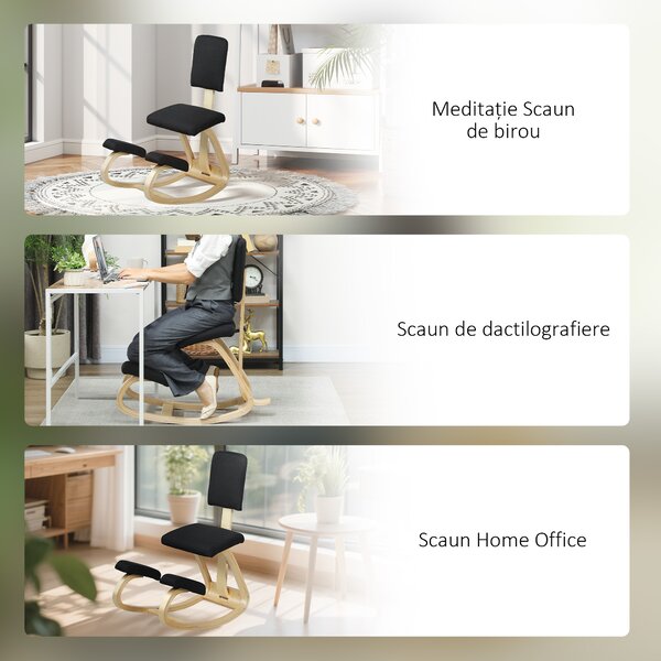 HOMCOM Scaun Ergonomic pentru Genunchi din Țesătură cu Aspect de In și Lemn de Mesteacăn, Negru | Aosom Romania