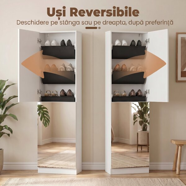 HOMCOM Dulap pentru Pantofi cu Oglindă, Uși Reversibile cu 5 Rafturi din Material Textil, 50 x 20 x 180 cm, Alb | Aosom Romania