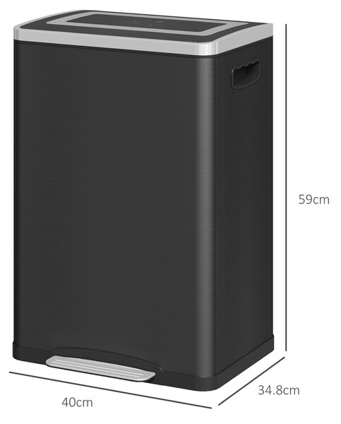 HOMCOM Coș de Gunoi cu 2 Secțiuni de 20L cu Pedală și Capac cu Închidere Moale, din Oțel Inoxidabil și PP, 40x34.8x59 cm, Negru | Aosom Romania