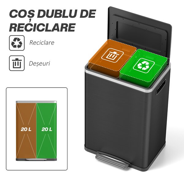 HOMCOM Coș de Gunoi cu 2 Secțiuni de 20L cu Pedală și Capac cu Închidere Moale, din Oțel Inoxidabil și PP, 40x34.8x59 cm, Negru | Aosom Romania