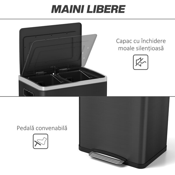 HOMCOM Coș de Gunoi cu 2 Secțiuni de 20L cu Pedală și Capac cu Închidere Moale, din Oțel Inoxidabil și PP, 40x34.8x59 cm, Negru | Aosom Romania