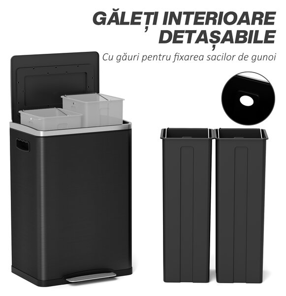HOMCOM Coș de Gunoi cu 2 Secțiuni de 20L cu Pedală și Capac cu Închidere Moale, din Oțel Inoxidabil și PP, 40x34.8x59 cm, Negru | Aosom Romania