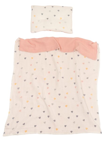 Lenjerie patut bebe 120x60 cm Kidizi Color Hearts din muselina dubla 5 piese – set complet cu aparatoare, cearsaf elastic, perna si paturica