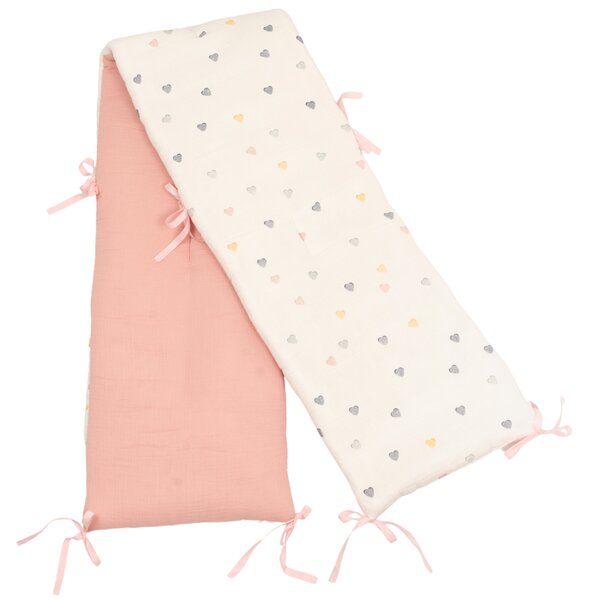 Lenjerie patut bebe 120x60 cm Kidizi Color Hearts din muselina dubla 5 piese – set complet cu aparatoare, cearsaf elastic, perna si paturica