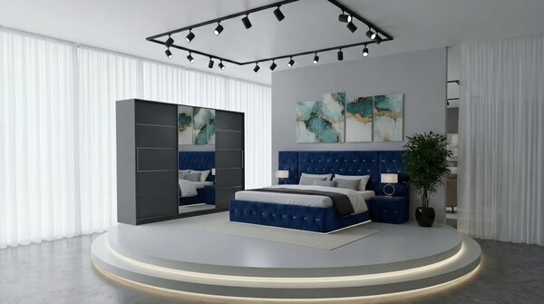 Set Mobila De Dormitor Eric Cu Extensii, pat Eric cu extensii tapitat Albastru 160x200cm, dulap gri 250cm, 2 noptiere tapitate Albastru si saltea