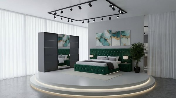 Set Mobila De Dormitor Eric Cu Extensii, pat Eric cu extensii tapitat Verde 160x200cm, dulap gri 250cm, 2 noptiere tapitate verde si saltea 160x200cm
